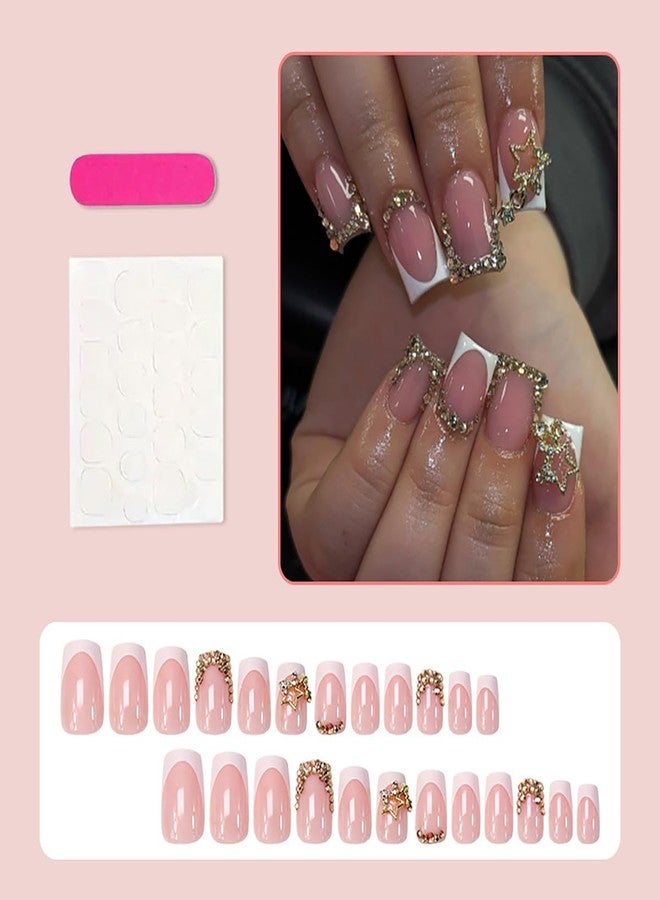 KRTBKR 24Pcs Gold Rhinestones Press on Nails Short Square French Tip Fake Nails 3D Diamond with Gold Star Gems Glitter Full Cover Reusable Acrylic Nails Glossy Stick on Nails for Women Girl Acrylic Nails DIY - Image 2